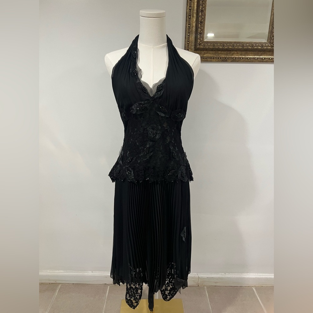 Black Sleeveless Halter Dress With Lace and Beaded Details